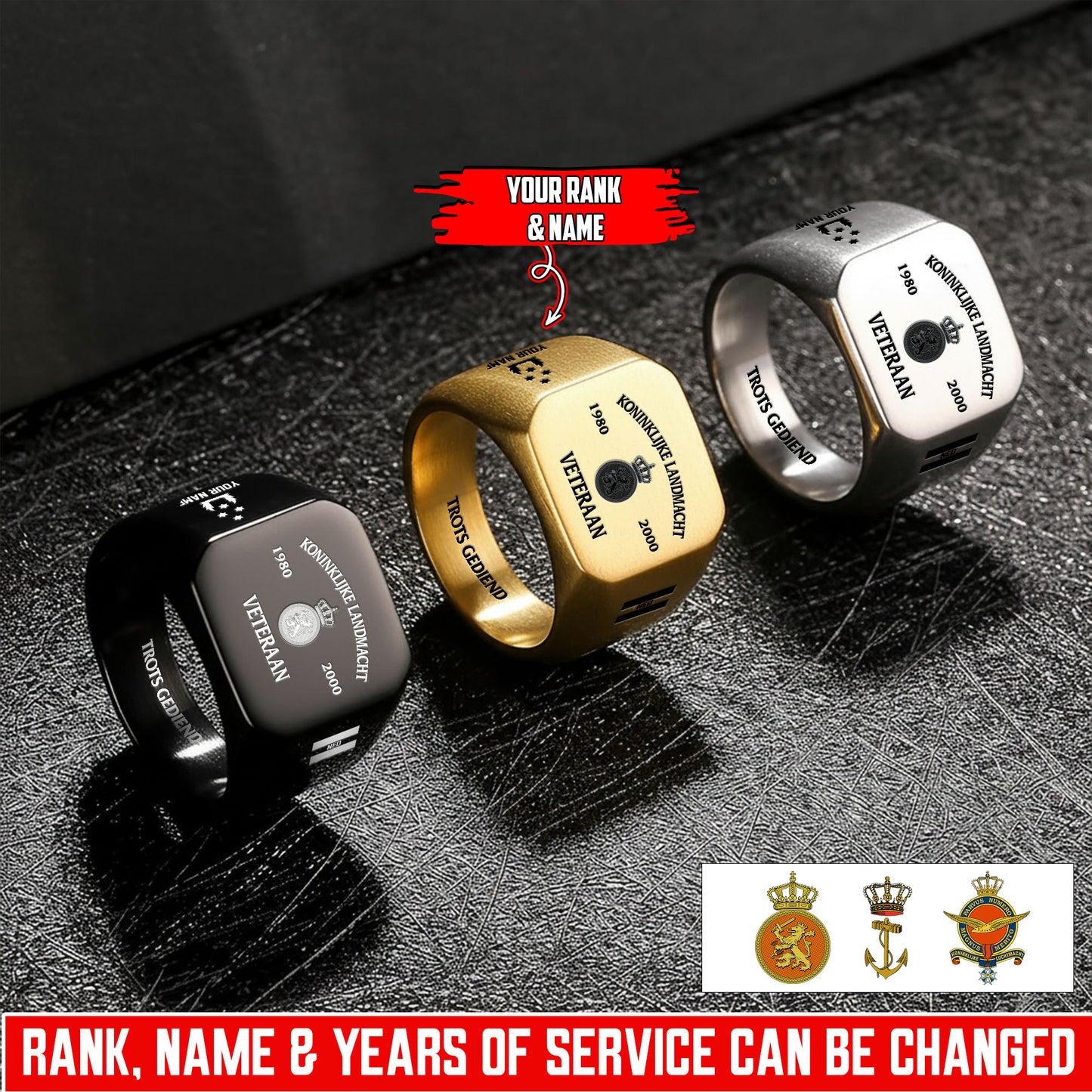 Personalized Netherlands Soldier/Veteran with Name, Year and Rank Engraved Men’s Ring - 1763424001