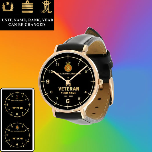 Personalized Netherlands Soldier/ Veteran With Name, Rank and Year Black Stitched Leather Watch - 17146944 - Gold Version