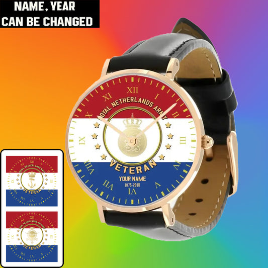 Personalized Netherlands Soldier/ Veteran With Name And Year Black Stitched Leather Watch - 17120160 - Gold Version