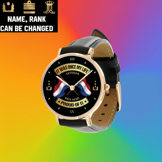Personalized Netherlands Soldier/ Veteran With Name and Rank Black Stitched Leather Watch - 17146944 - Gold Version