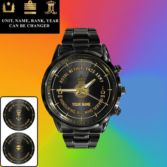 Personalized Netherlands Soldier/ Veteran With Name, Rank and Year Black Stainless Steel Watch - 26042401QA - Gold Version
