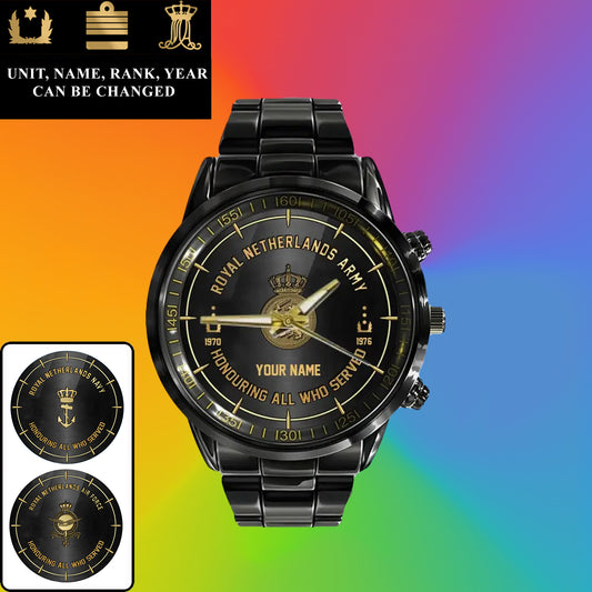Personalized Netherlands Soldier/ Veteran With Name, Rank and Year Black Stainless Steel Watch - 17140896 - Gold Version
