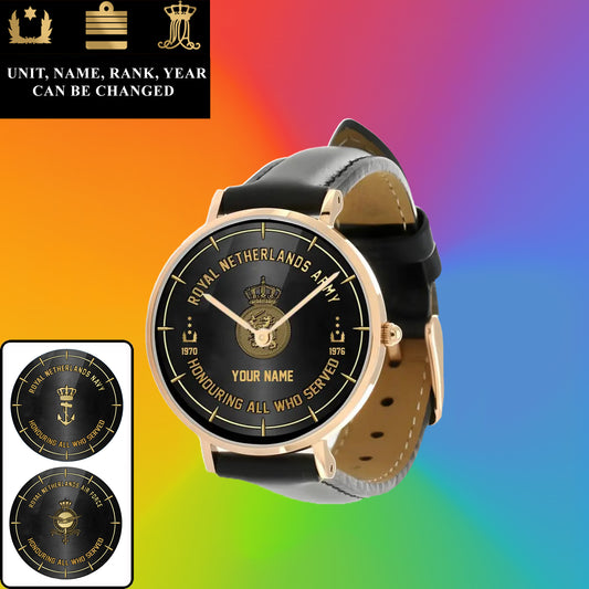 Personalized Netherlands Soldier/ Veteran With Name, Rank and Year Black Stitched Leather Watch - 26042401QA - Gold Version