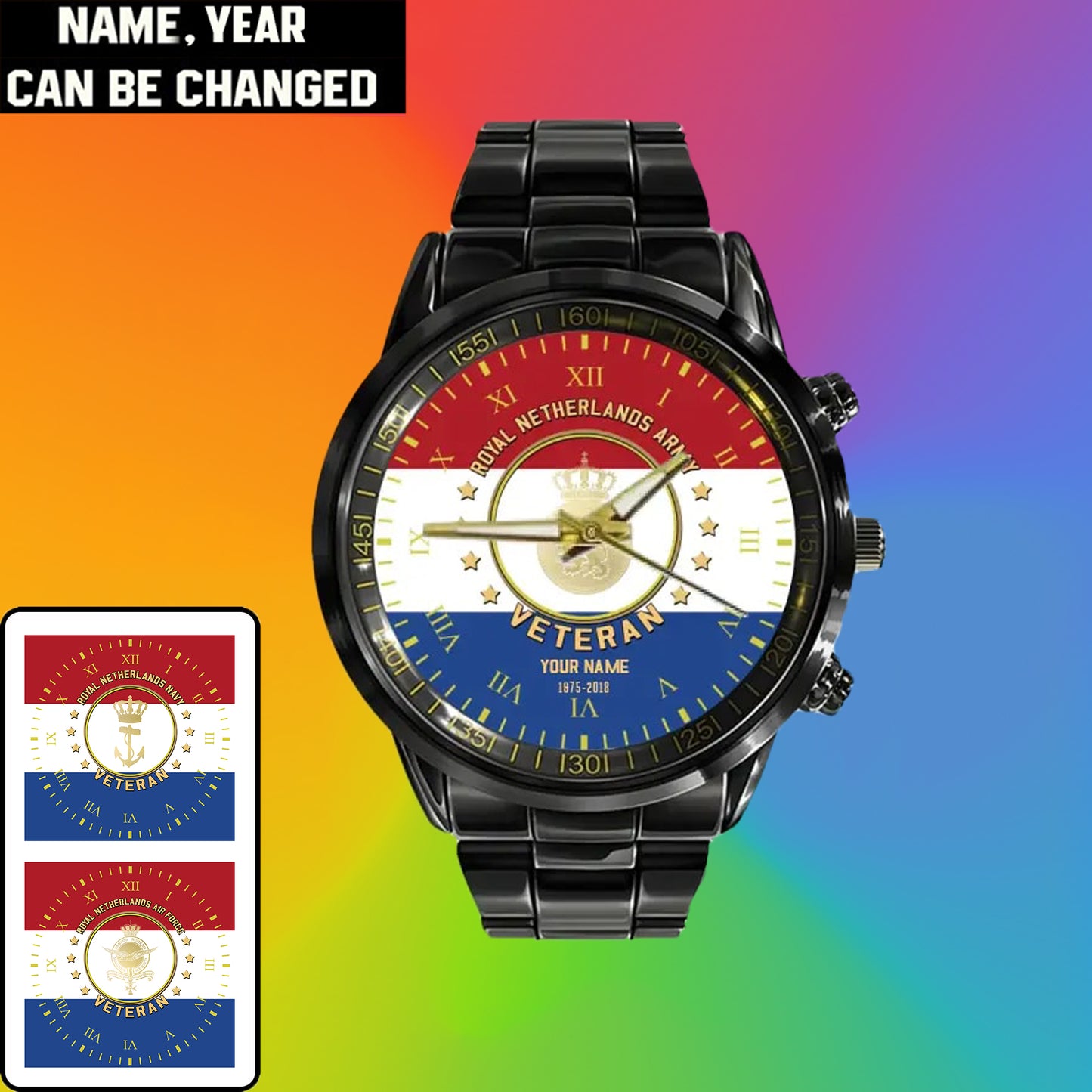 Personalized Netherlands Soldier/ Veteran With Name And Rank Black Stainless Steel Watch - 17120160 - Gold Version