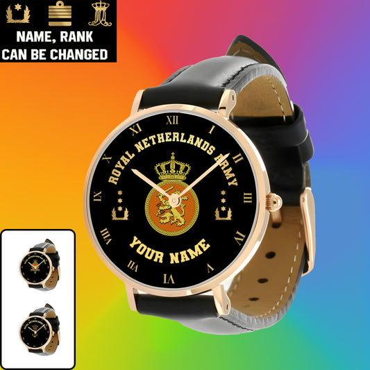 Personalized Netherlands Soldier/ Veteran With Name And Rank Black Stitched Leather Watch - 17098560 - Gold Version