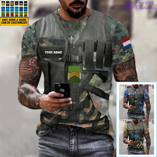 T-shirt personnalisé avec camouflage soldat/vétéran des Pays-Bas avec nom et grade imprimé en 3D - 22042401QA
