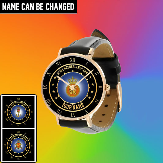 Personalized Netherlands Soldier/ Veteran With Name Black Stitched Leather Watch - 17122752  - Gold Version
