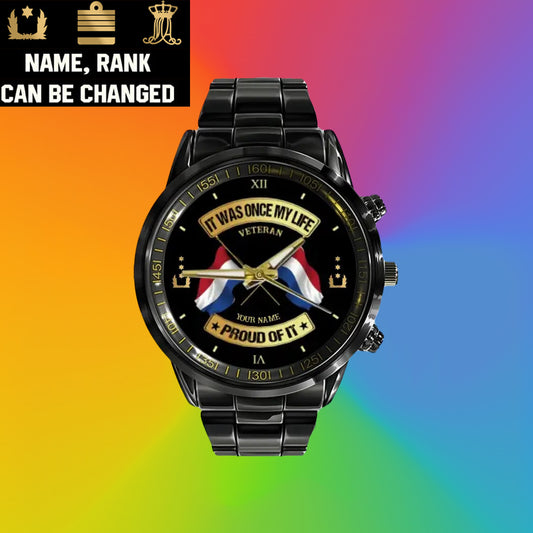 Personalized Netherlands Soldier/ Veteran With Name and Rank Black Stainless Steel Watch - 17146944 - Gold Version