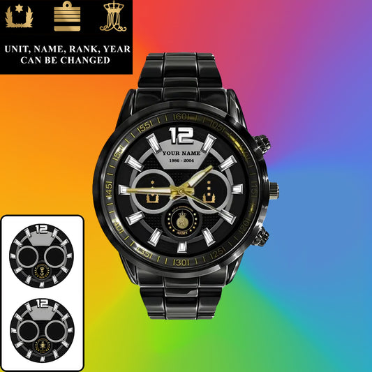 Personalized Netherlands Soldier/ Veteran With Name, Rank and Year Black Stainless Steel Watch - 17141760 - Gold Version