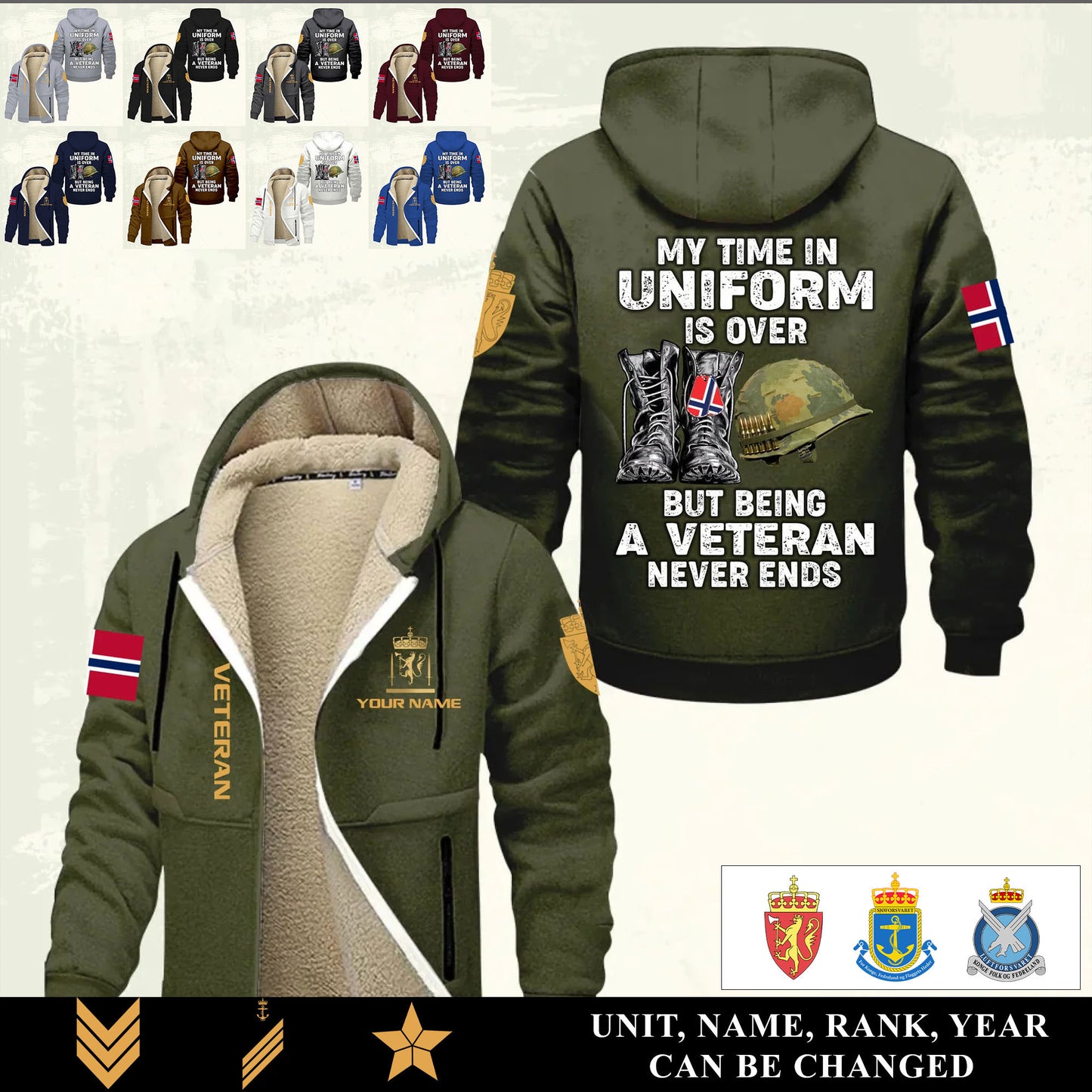 Personalized Norway Soldier/ Veteran With Name And Rank Hoodie Zip Velvet Coat - 17551296
