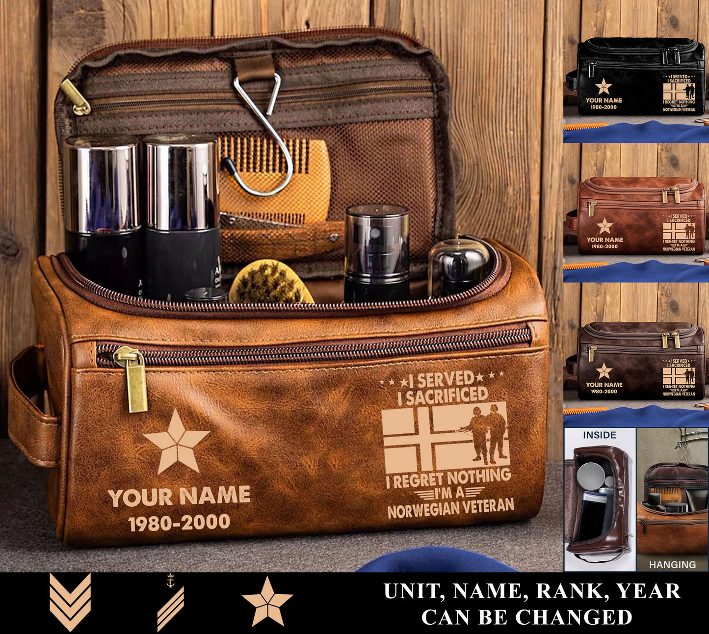 Personalized Norway Soldier/ Veteran With Name And Rank Leather Toiletry Bag - 17591040