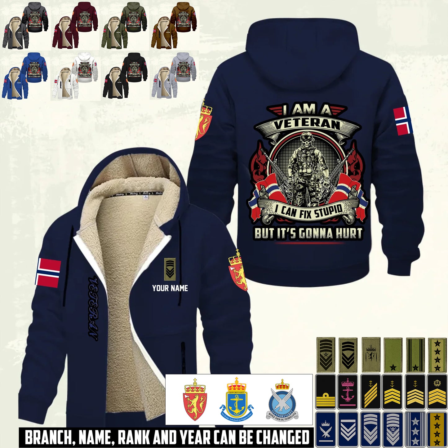 Personalized Norway Soldier/ Veteran With Name And Rank Hoodie Zip Velvet Coat - 17552160