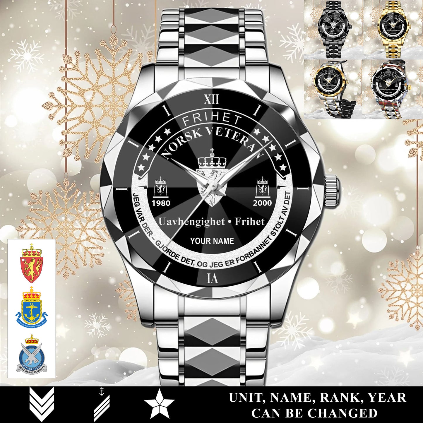 Personalized Norway Soldier/Veteran with Name, Year and Rank Diamond-Cut Bezel Watch - 17650656