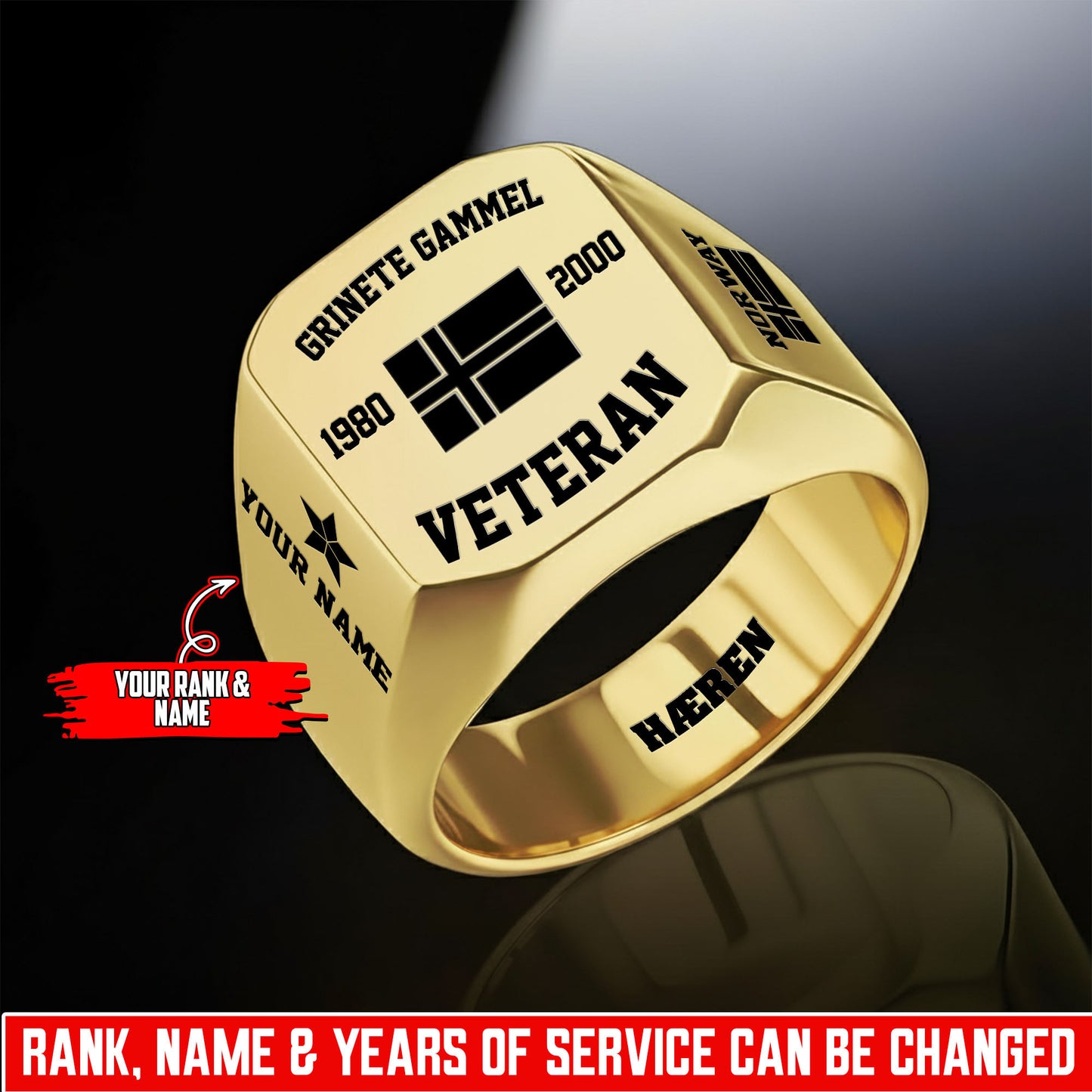 Personalized Norway Soldier/Veteran with Name, Year and Rank Engraved Men’s Ring - 17640288