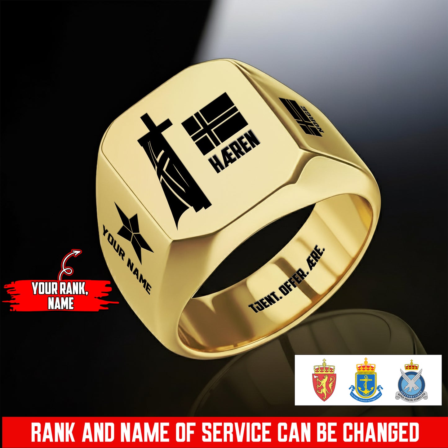 Personalized Norway Soldier/Veteran with Name and Rank Engraved Men’s Ring - 17653248