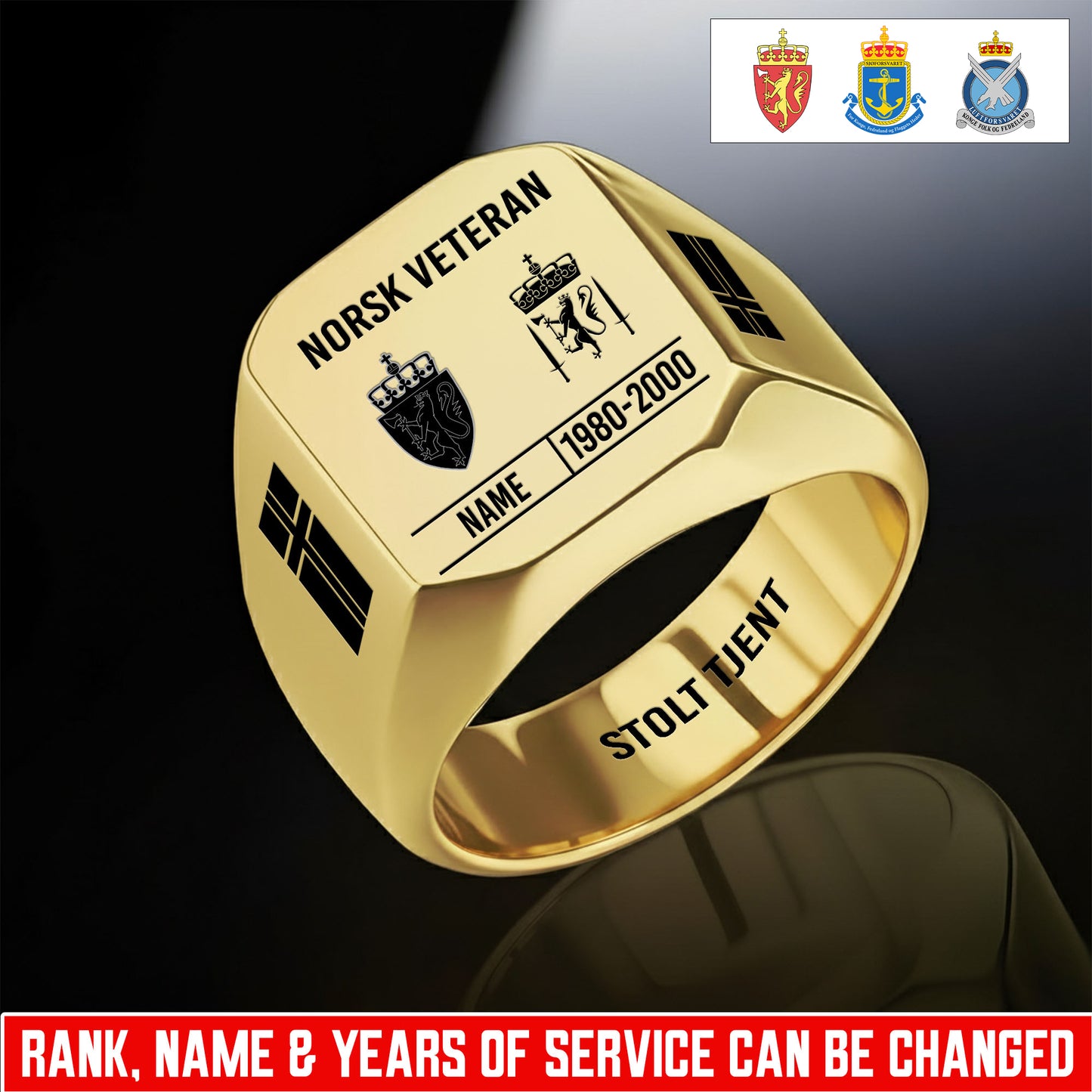 Personalized Norway Soldier/Veteran with Name, Year and Rank Engraved Men’s Ring - 17635104