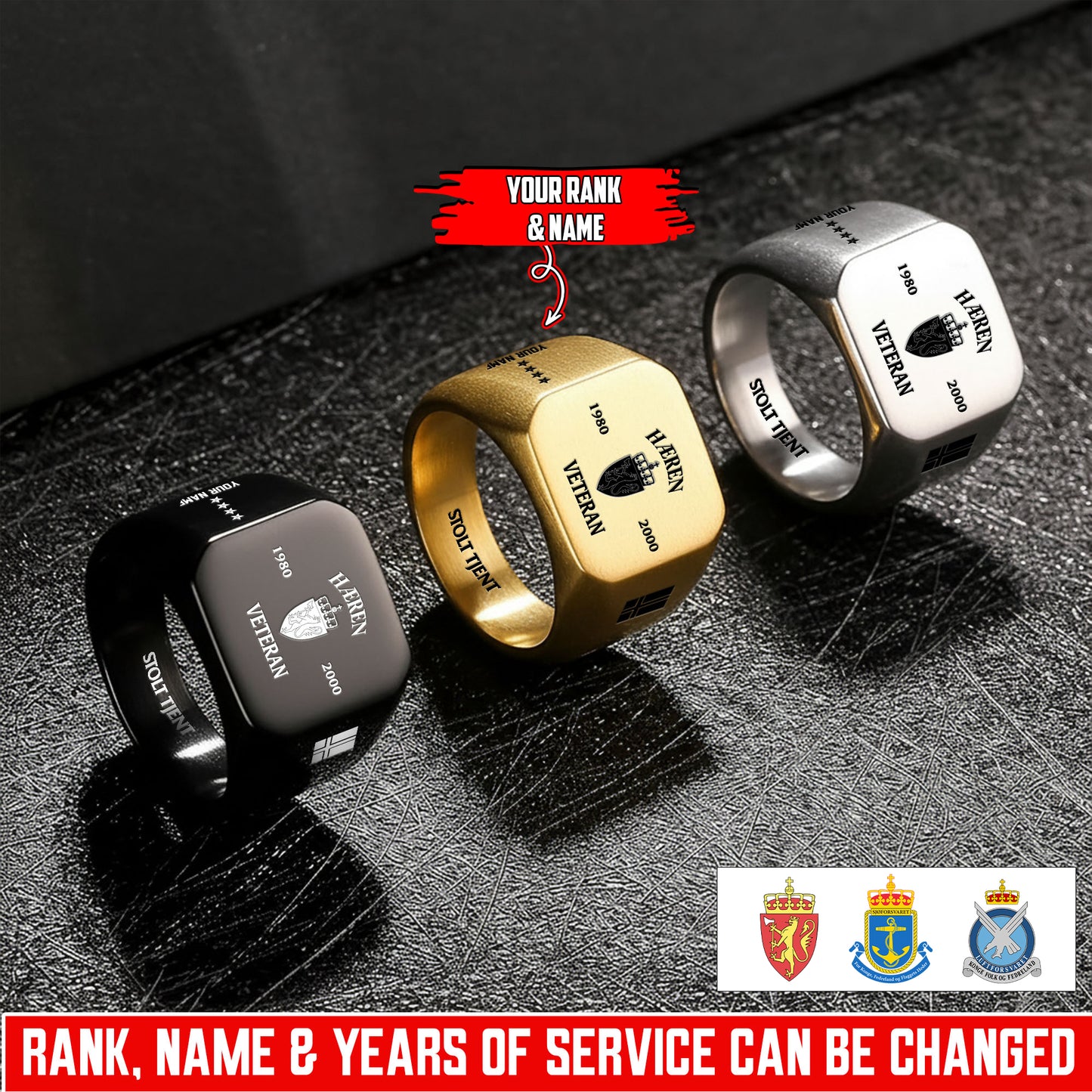 Personalized Norway Soldier/Veteran with Name, Year and Rank Engraved Men’s Ring - 1763424001