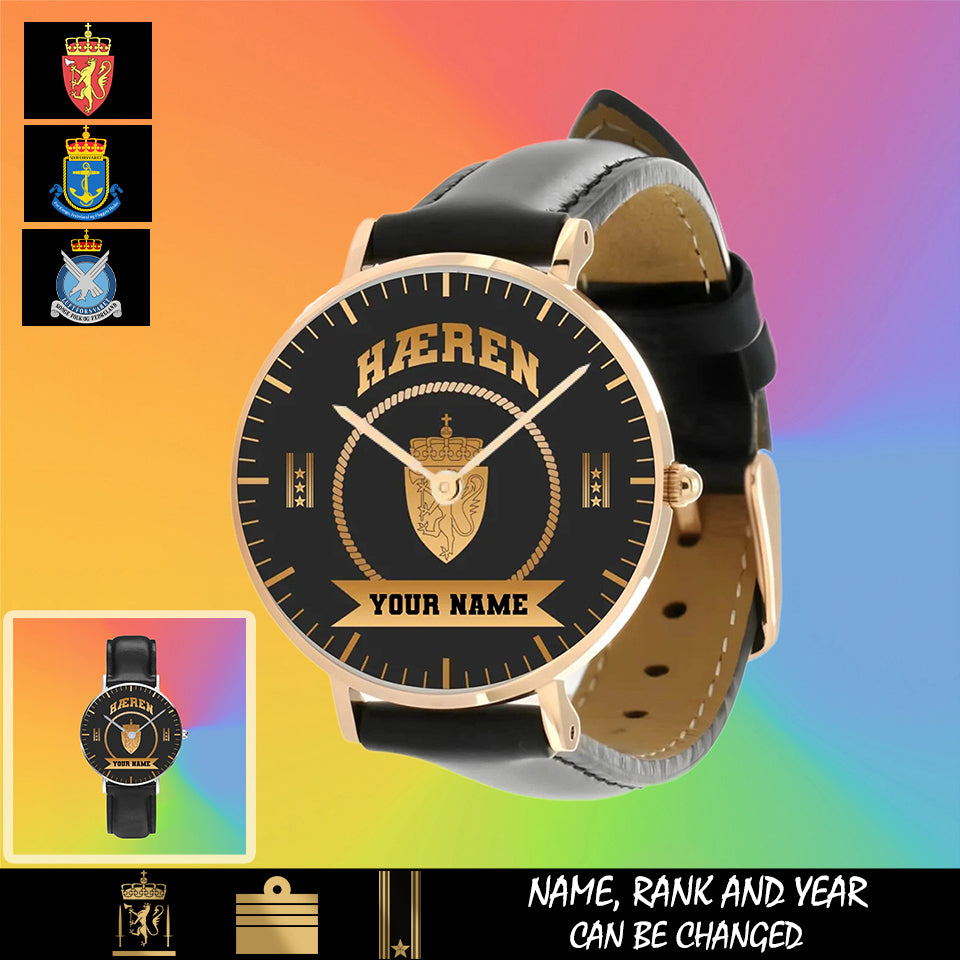 Personalized Norway Soldier/ Veteran With Name, Rank and Black Stitched Leather Watch - 17424288 - Gold Version