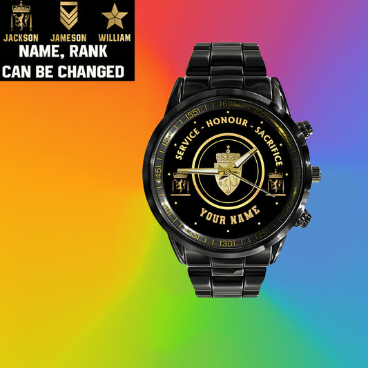 Personalized Norway Soldier/ Veteran With Name And Rank Black Stainless Steel Watch - 2603240001 - Gold Version