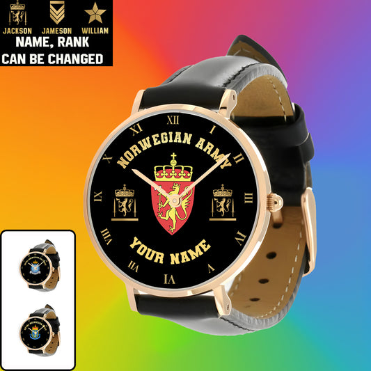 Personalized Norway Soldier/ Veteran With Name And Rank Black Stitched Leather Watch - 0803240001 - Gold Version