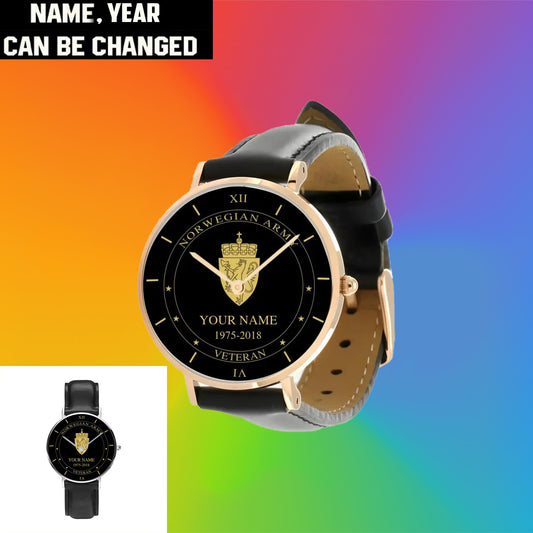 Personalized Norway Soldier/ Veteran With Name And Year Black Stitched Leather Watch - 1603240001 - Gold Version