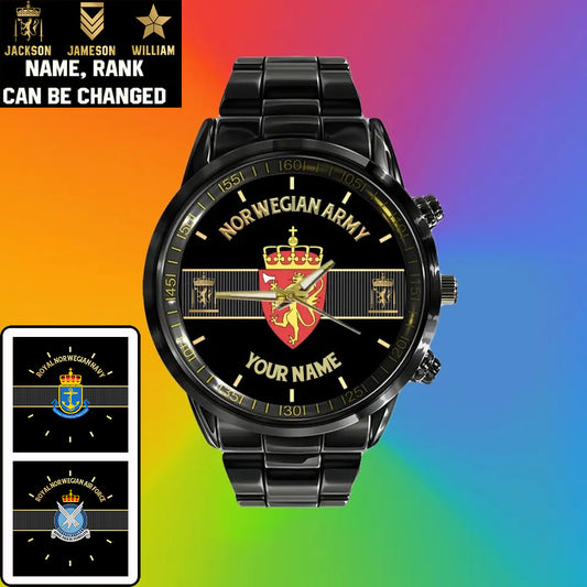 Personalized Norway Soldier/ Veteran With Name And Rank Black Stainless Steel Watch - 0703240001 - Gold Version