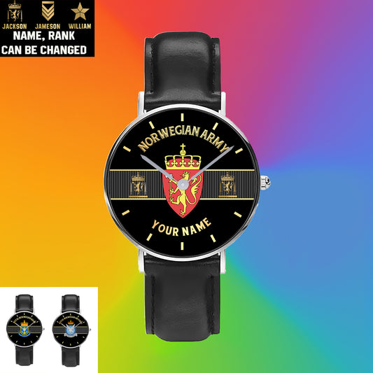 Personalized Norway Soldier/ Veteran With Name And Rank Black Stitched Leather Watch - 0703240001 - Gold Version