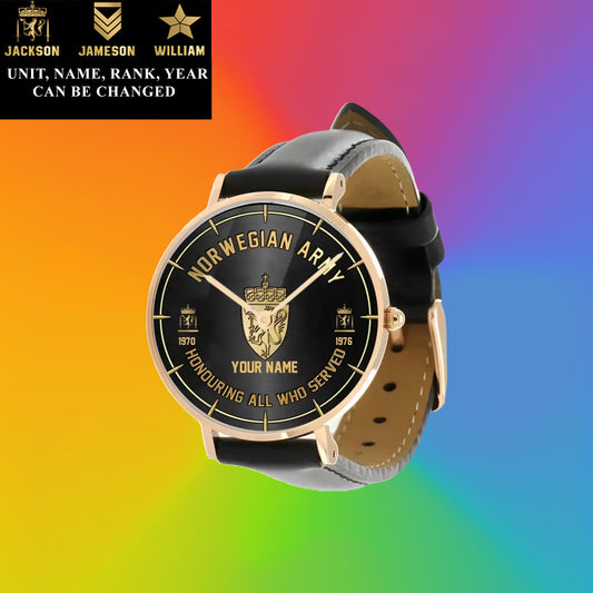 Personalized Norway Soldier/ Veteran With Name, Rank and Year Black Stitched Leather Watch - 17140896 - Gold Version
