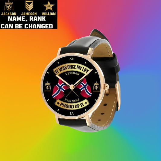 Personalized Norway Soldier/ Veteran With Name and Rank Stitched Leather Watch - 17146944 - Gold Version