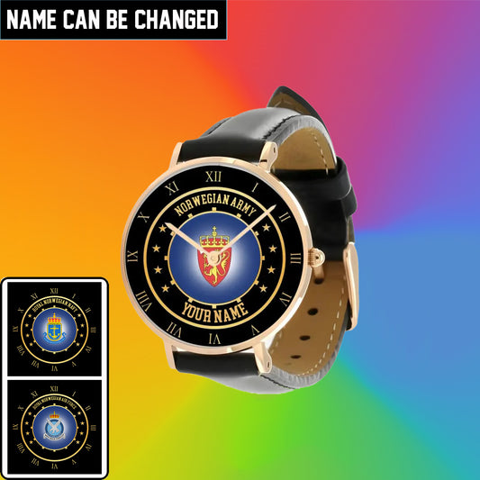 Personalized Norway Soldier/ Veteran With Name Black Stitched Leather Watch - 17122752 - Gold Version