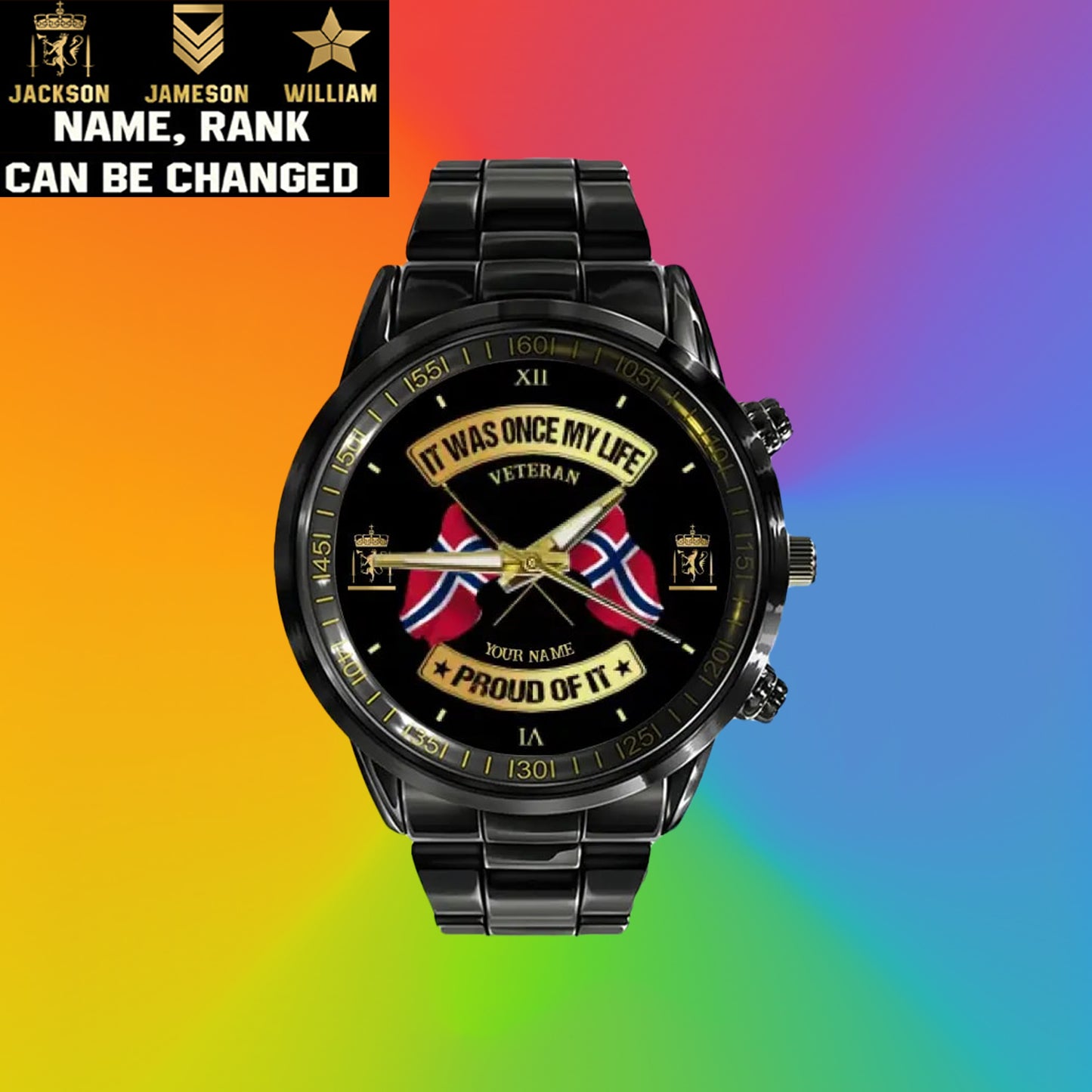 Personalized Norway Soldier/ Veteran With Name and Rank Black Stainless Steel Watch - 03052401QA - Gold Version