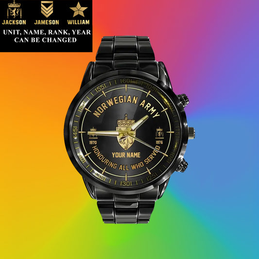 Personalized Norway Soldier/ Veteran With Name, Rank and Year Black Stainless Steel Watch - 17140896 - Gold Version