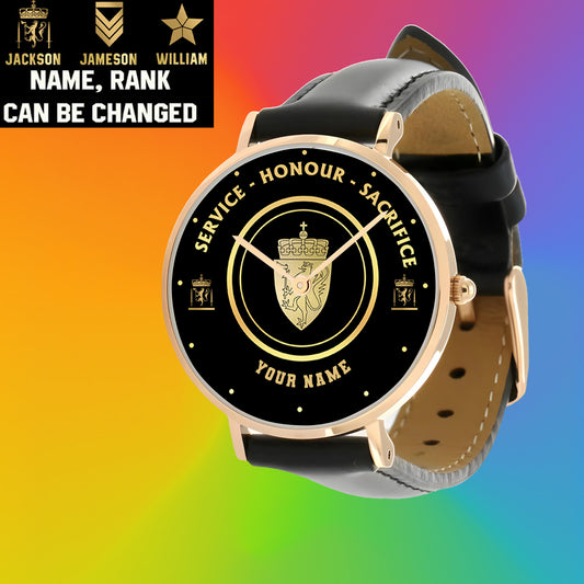 Personalized Norway Soldier/ Veteran With Name, Rank Black Stitched Leather Watch - 17114112 - Gold Version