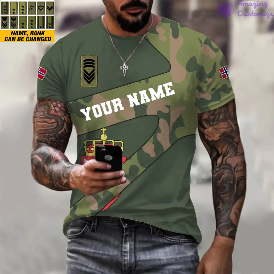 Personalisiertes T-Shirt mit norwegischem Soldaten-/Veteranen-Tarnmuster mit Namen und Rang, 3D-Druck – 3001240001QA