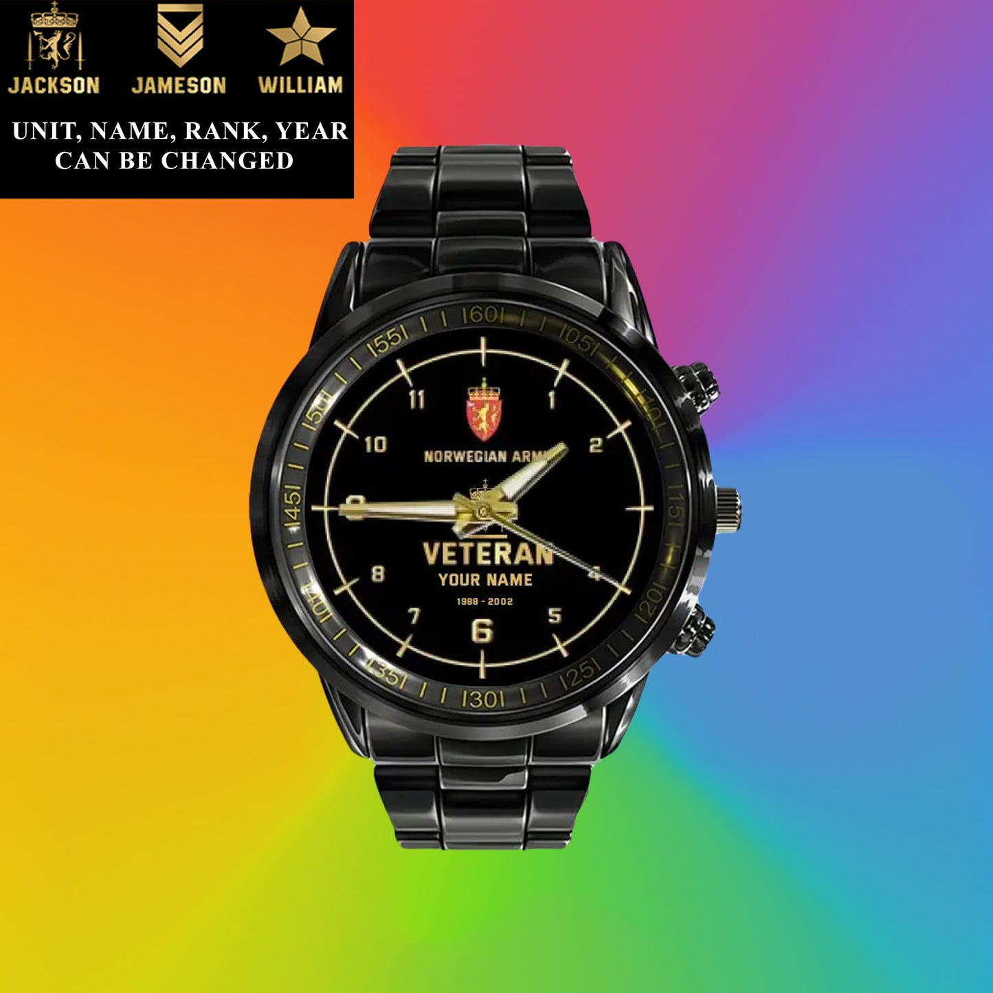 Personalized Norway   Soldier/ Veteran With Name, Rank and Year Black Stainless Steel Watch - 03052402QA - Gold Version
