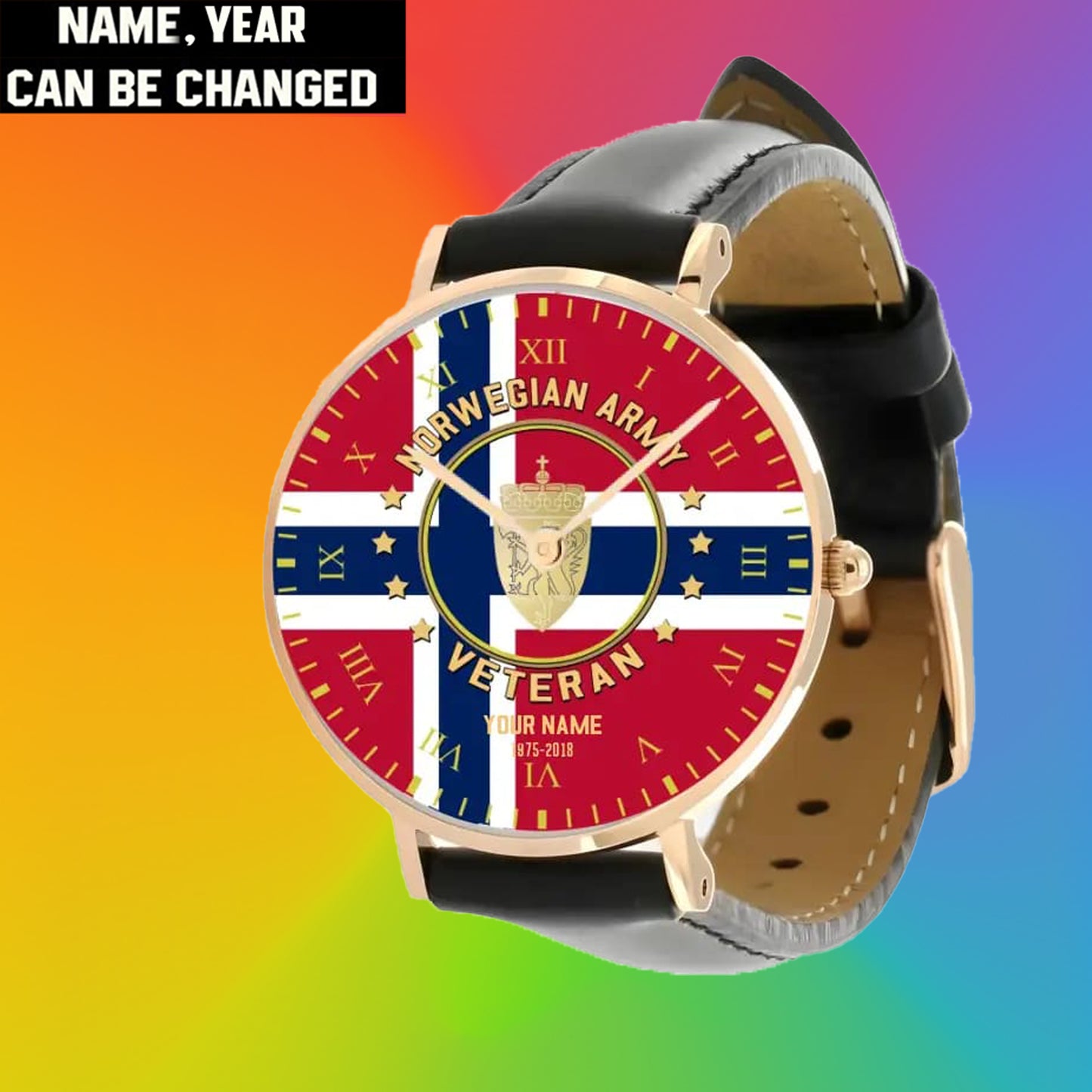 Personalized Norway Soldier/ Veteran With Name And Year Black Stitched Leather Watch - 17120160 - Gold Version