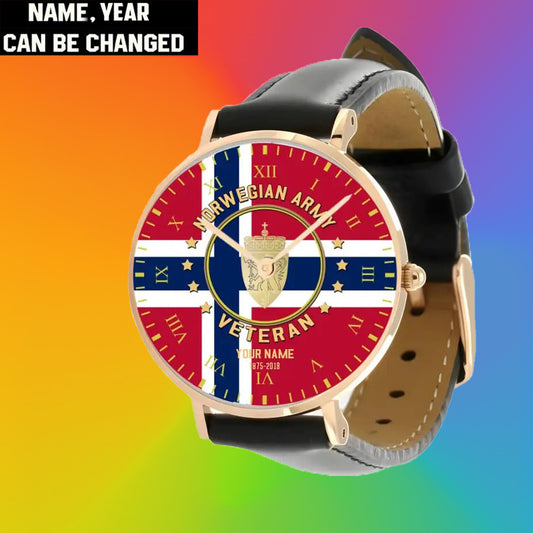 Personalized Norway Soldier/ Veteran With Name And Year Black Stitched Leather Watch - 17120160 - Gold Version