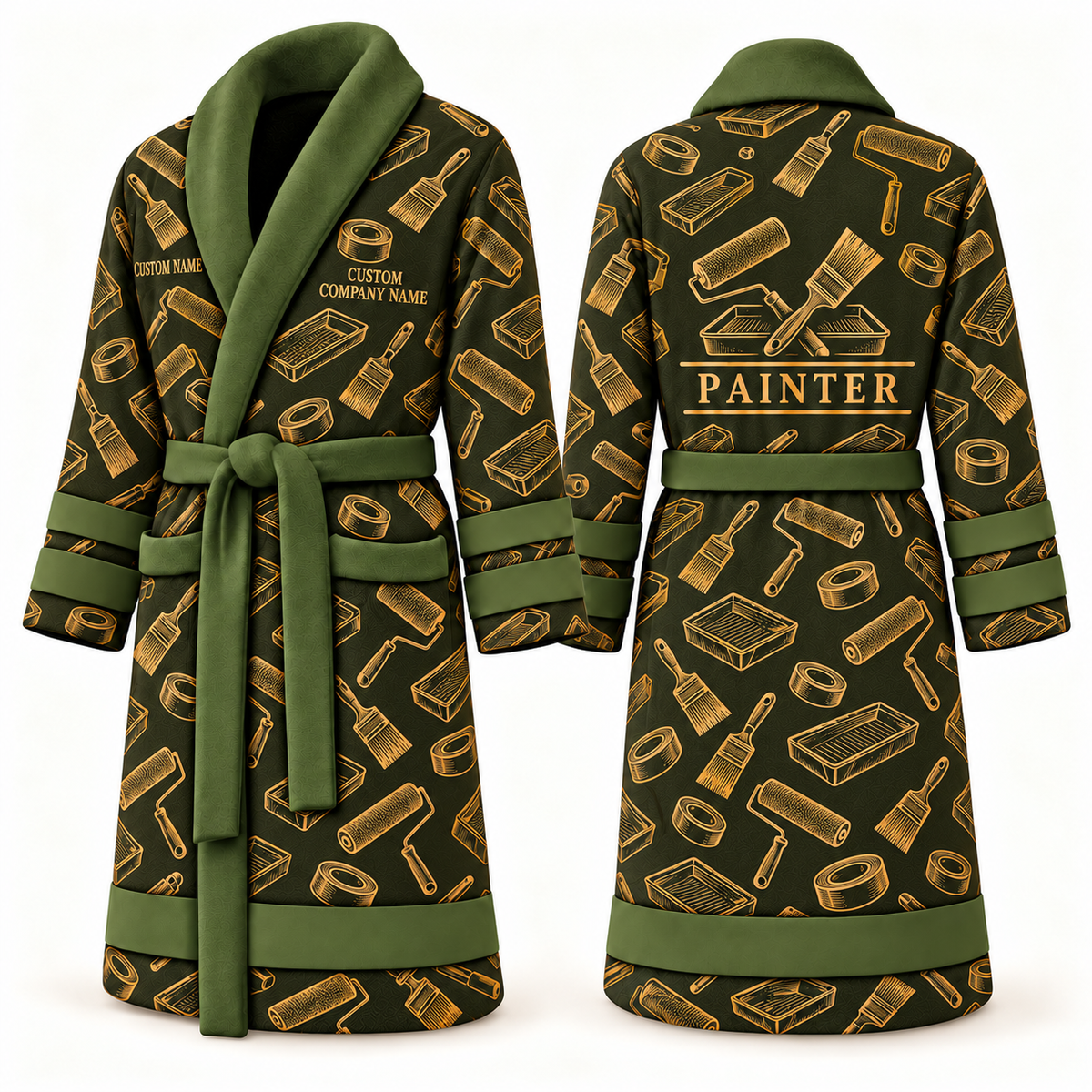 Painter Occupational Emblems Bathrobe — Olive front and back views