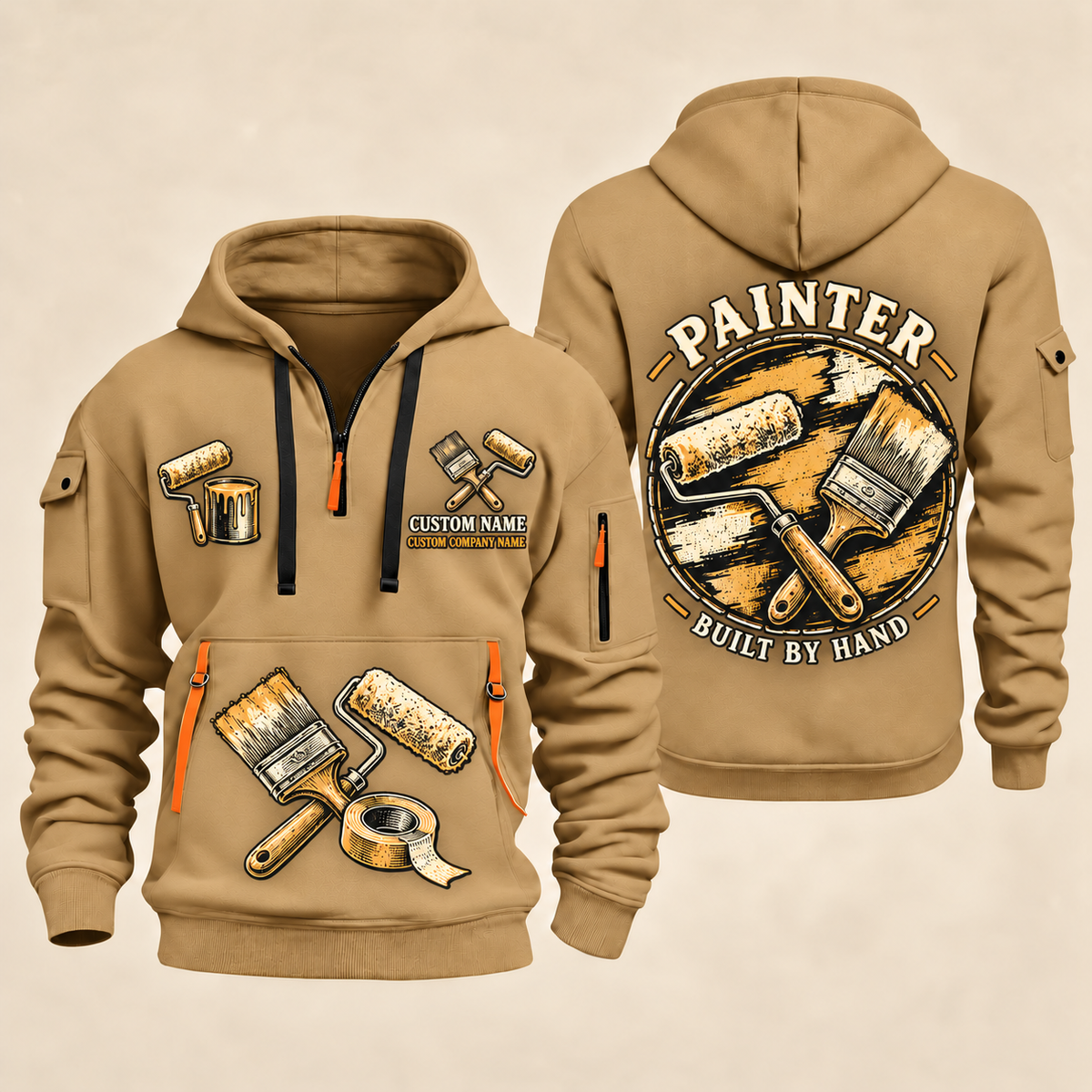 Personalized Painter Built by Hand Quarter Zip Hoodie — Khaki variant