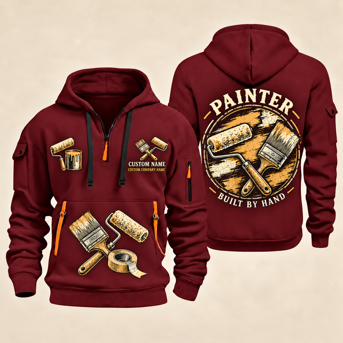 Personalized Painter Built by Hand Quarter Zip Hoodie — Wine Red variant