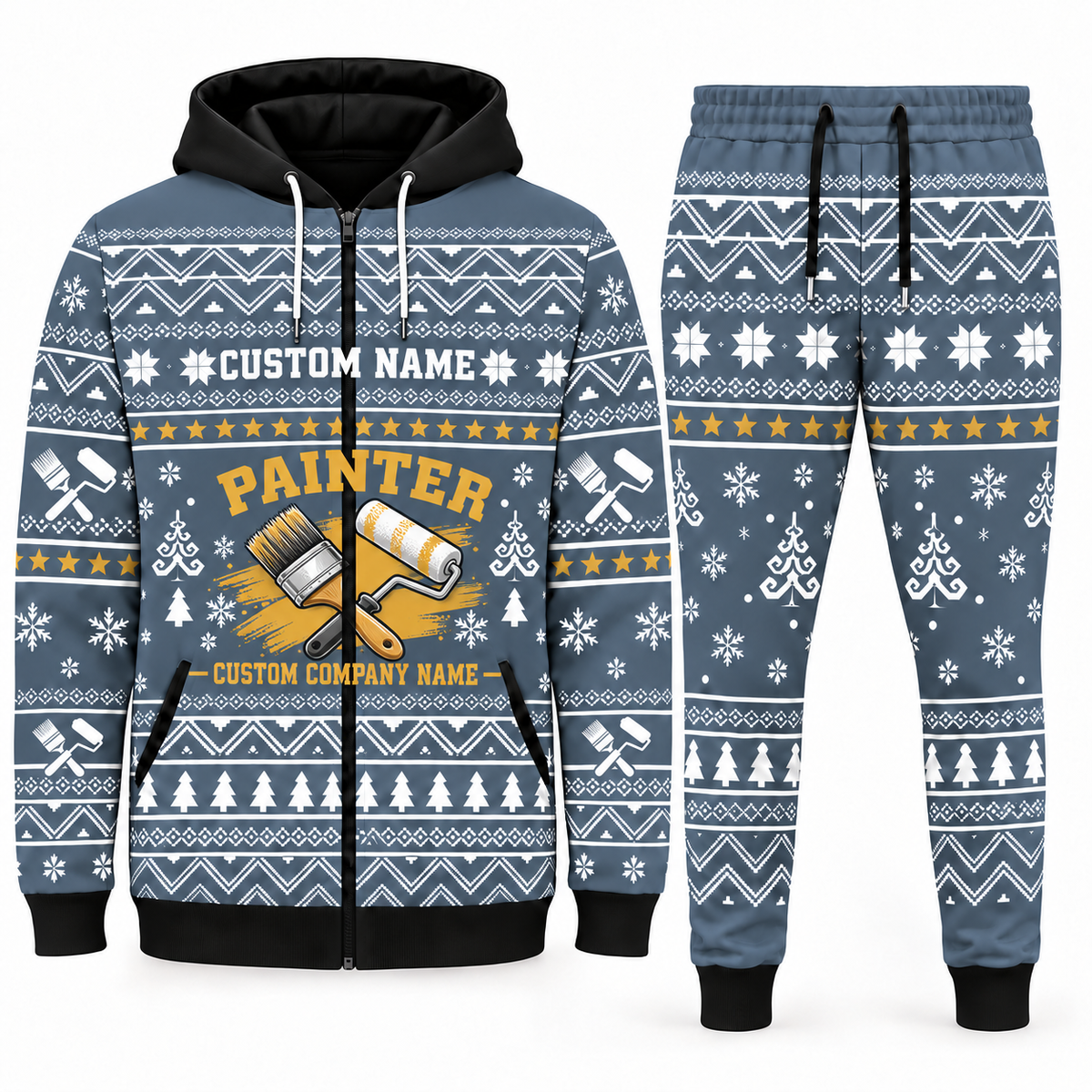 Personalized Painter Winter Snowflake Zip Hoodie + Jogger with Name and Company — Blue Gray variant