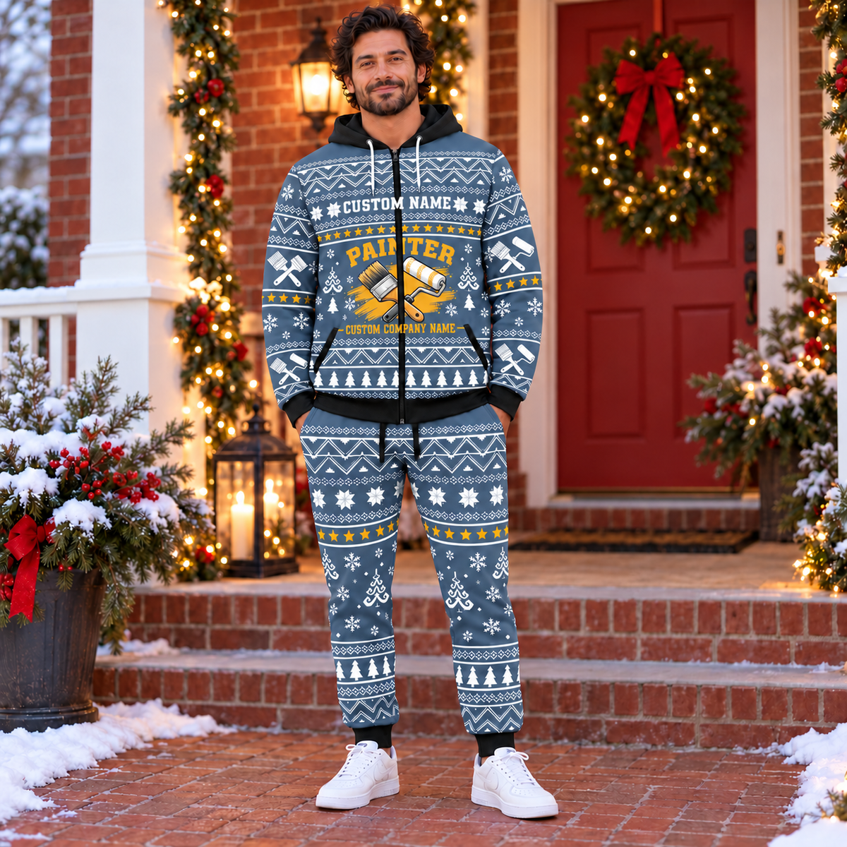 Personalized Painter Winter Snowflake Zip Hoodie + Jogger with Name and Company — dedicated listing hero