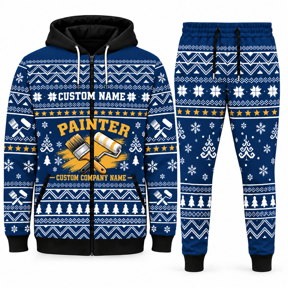 Personalized Painter Winter Snowflake Zip Hoodie + Jogger with Name and Company — Navy variant