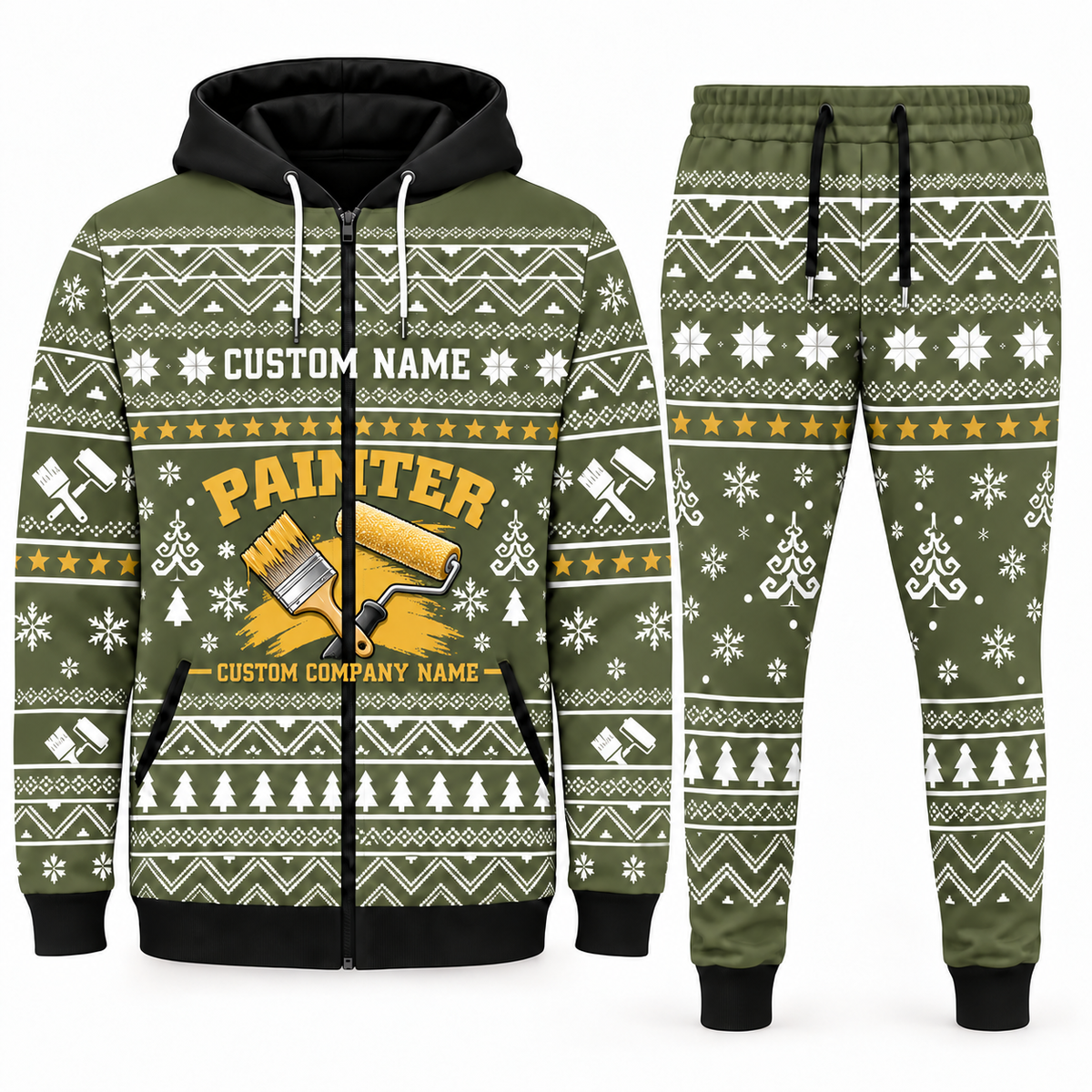 Personalized Painter Winter Snowflake Zip Hoodie + Jogger with Name and Company — Olive variant