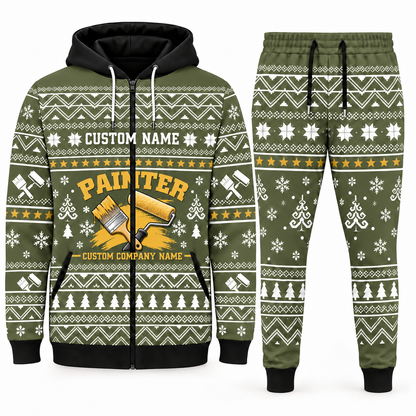 Personalized Painter Winter Snowflake Zip Hoodie + Jogger with Name and Company — Olive variant