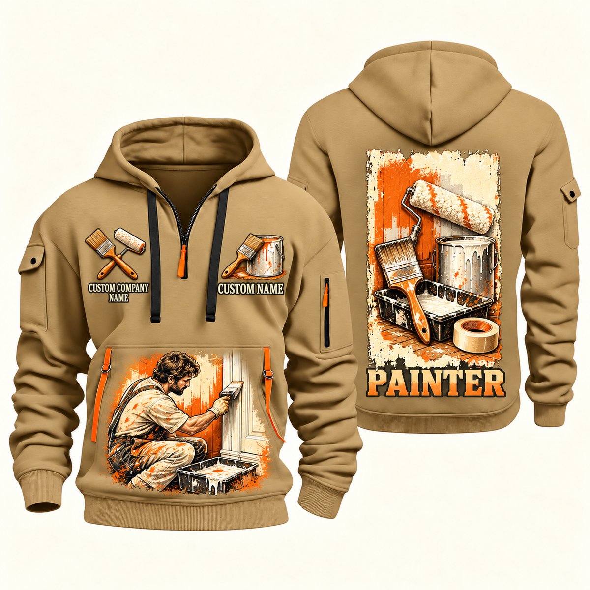 Personalized Painter Painting Tools Quarter Zip Hoodie — Khaki variant