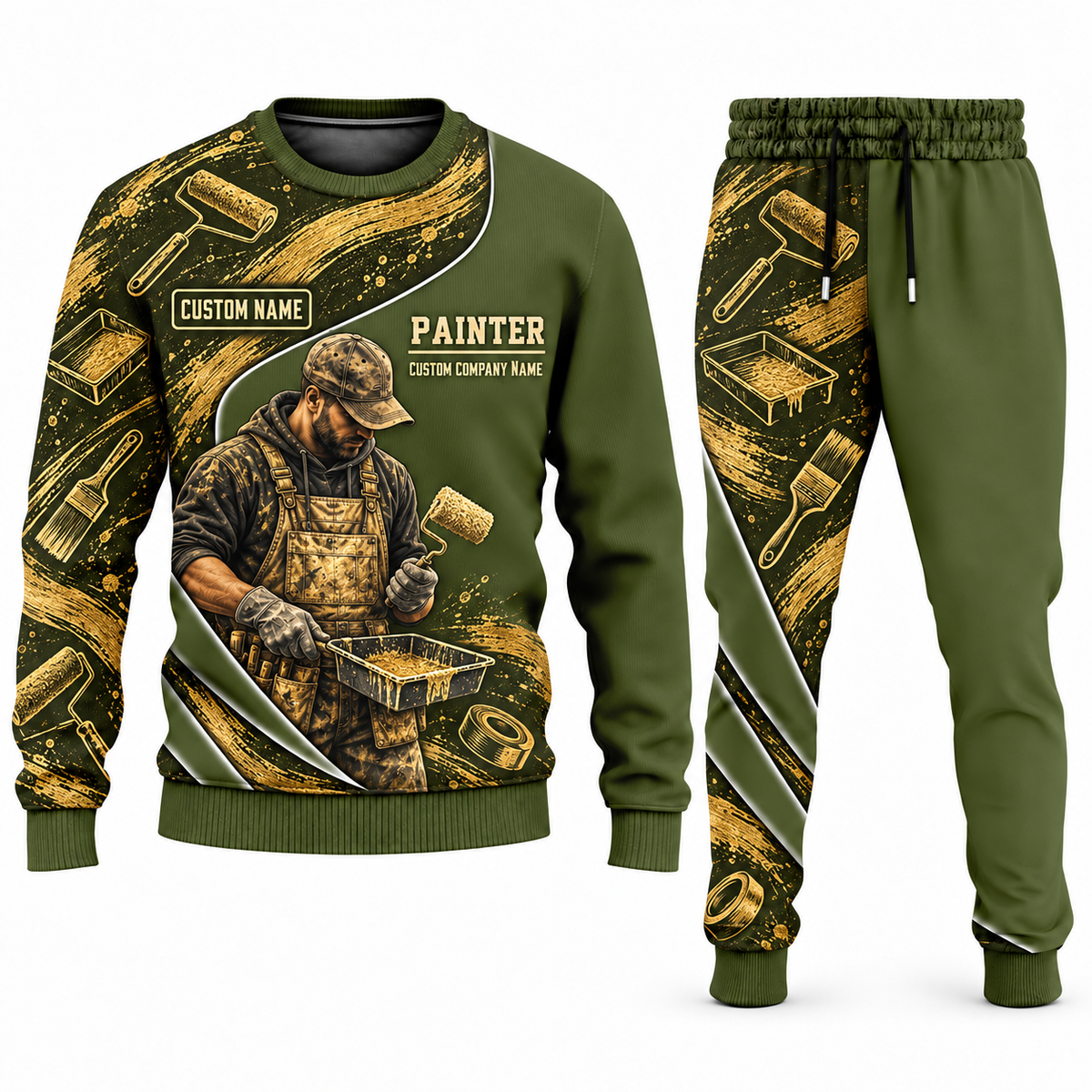 Personalized Painter Curved Panel Sweater + Jogger Combo — Olive variant