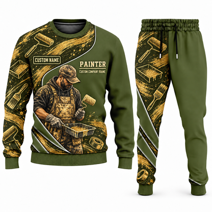 Personalized Painter Curved Panel Sweater + Jogger Combo — Olive variant