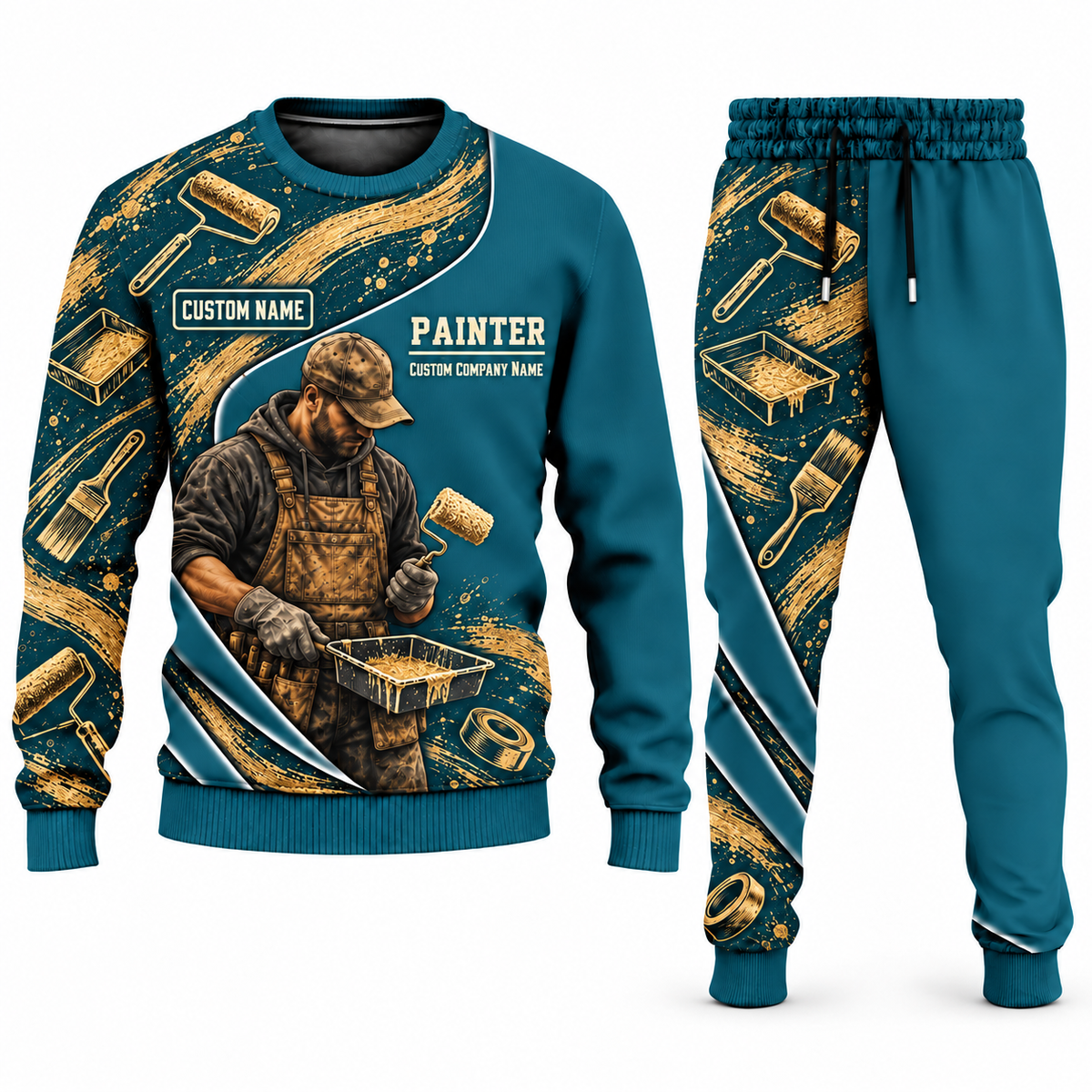 Personalized Painter Curved Panel Sweater + Jogger Combo — Teal variant