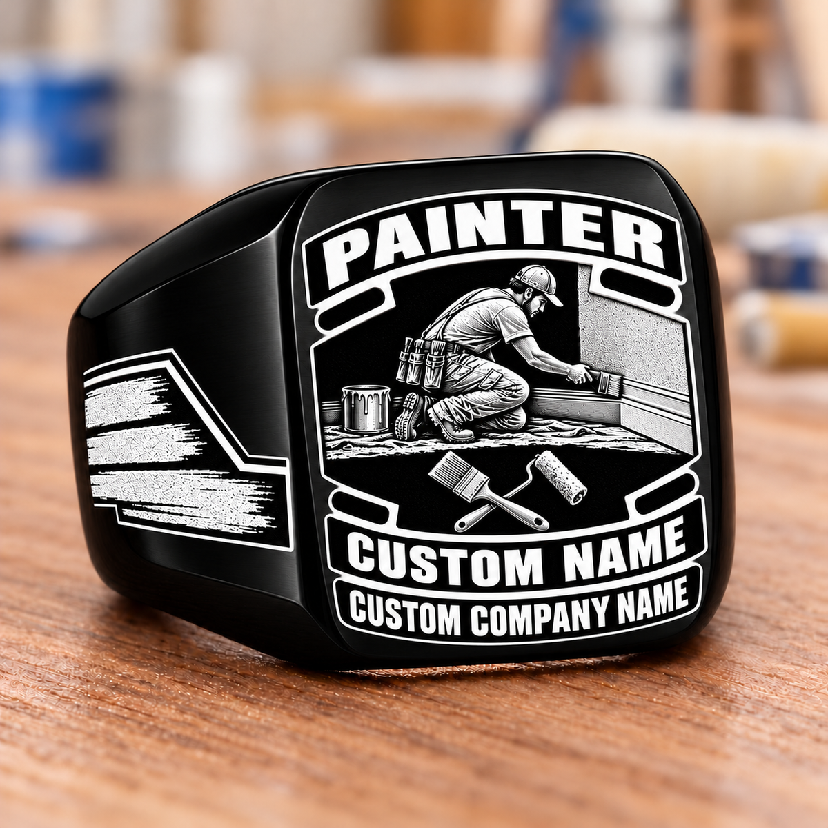 Personalized Painter Signet Ring - Black Face Badge — Black variant